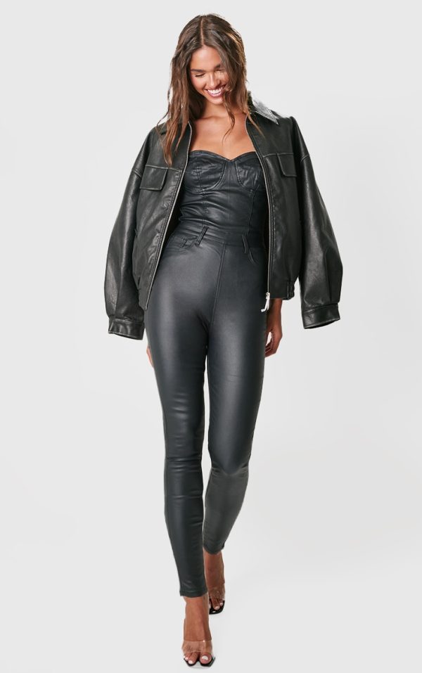 Black Bandeau Coated Denim Jumpsuit