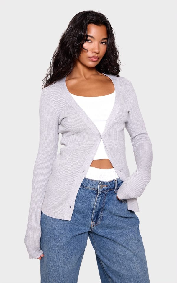 Grey Knitted Ribbed Long Sleeve Cardigan