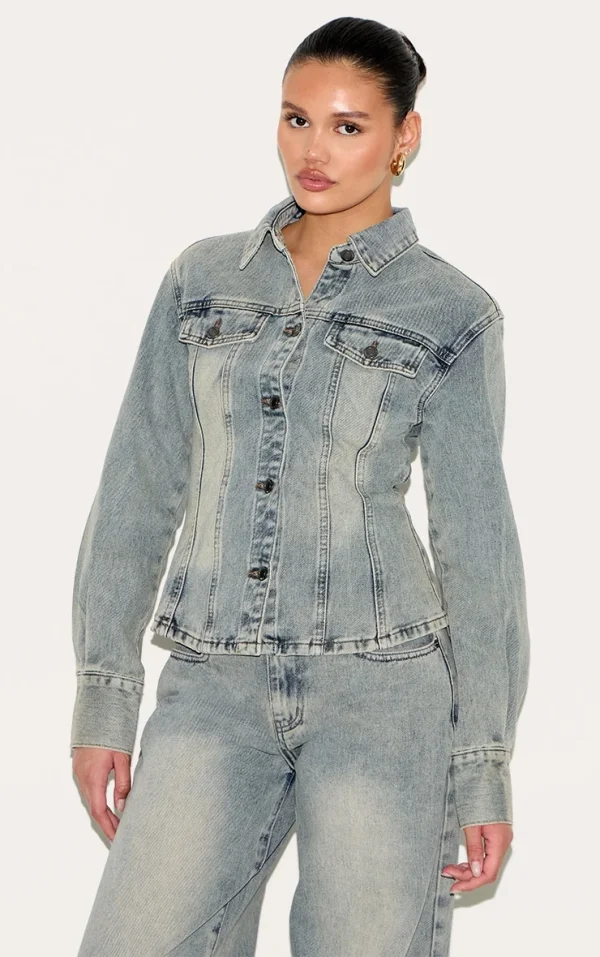 Vintage Long Sleeve Cinch Waist Denim Jacket