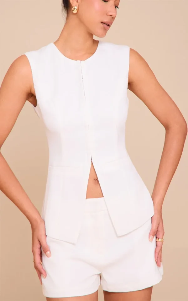 White Hook And Eye Detail Vest