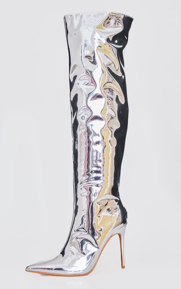 Silver PU Point Toe Over The Knee High Stiletto Heeled Boots