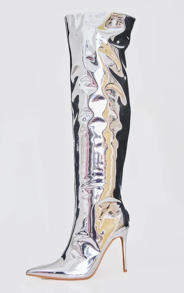 Silver PU Point Toe Over The Knee High Stiletto Heeled Boots