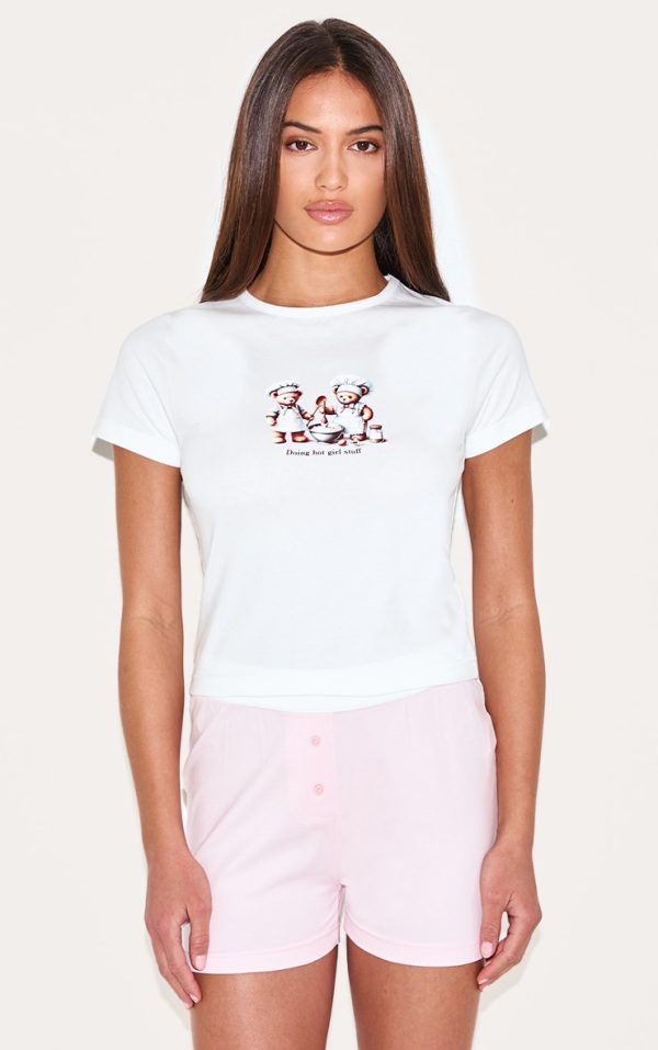 Cream Teddy Print Boxer Short PJ Set