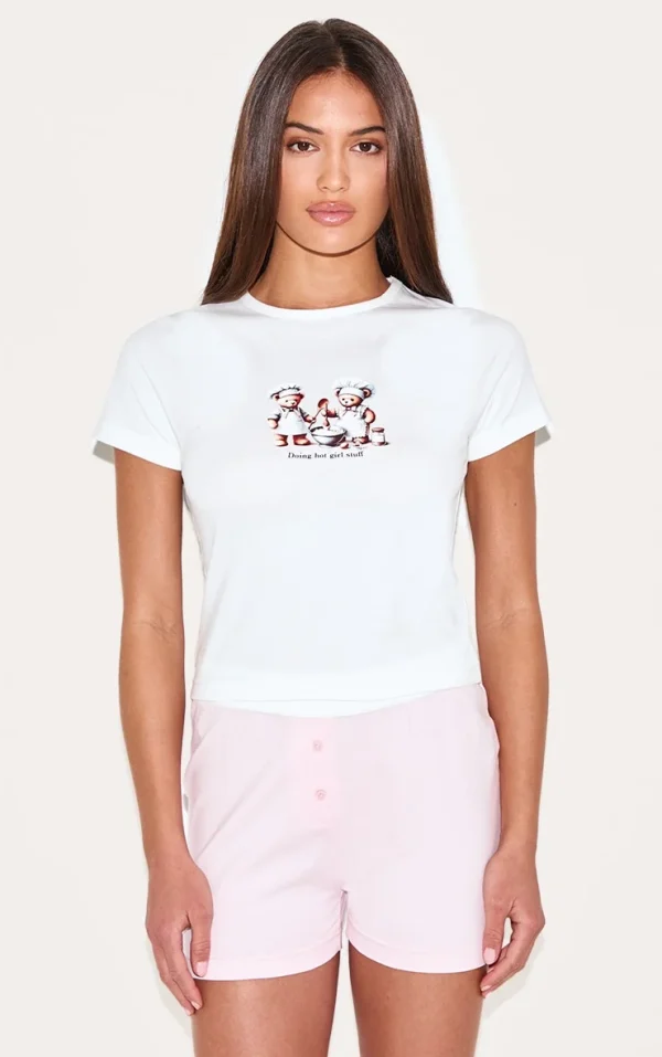 Cream Teddy Print Boxer Short PJ Set