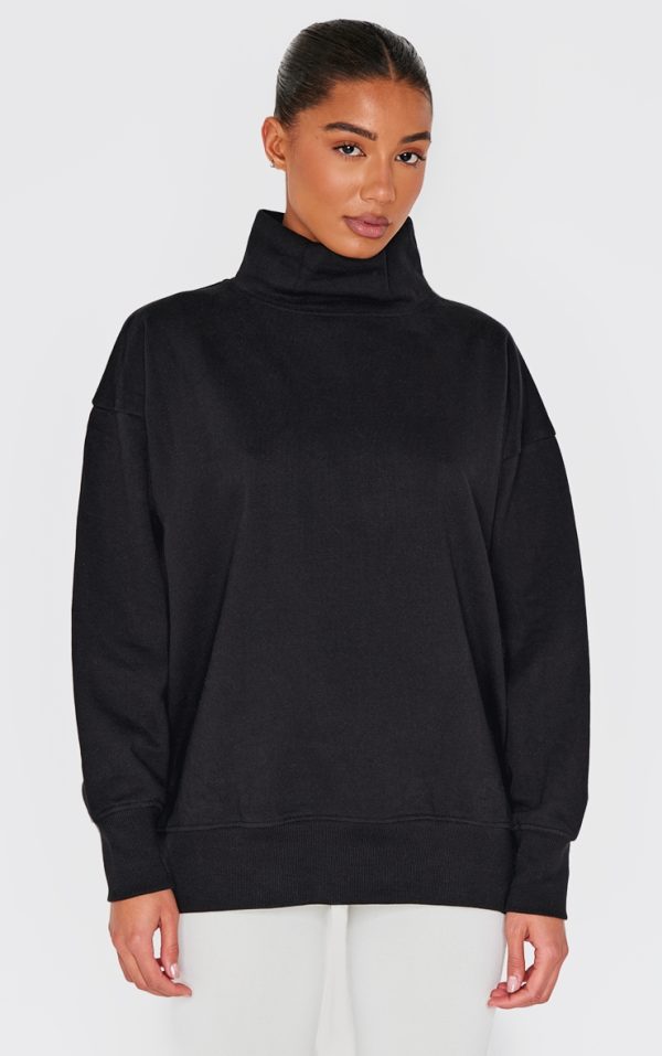 Black Premium Fleeceback Oversized High Neck Sweatshirt