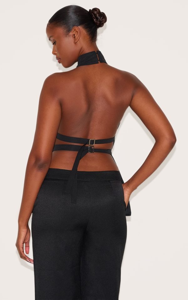 Black Woven Backless Highneck Long Top