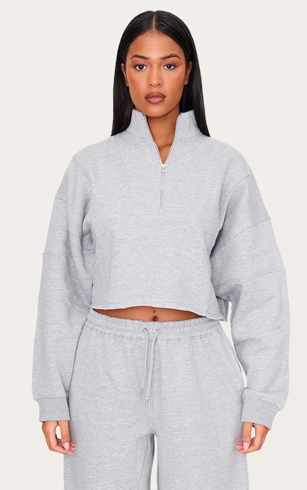 Tall Grey Marl Half Zip Crop Sweatshirt