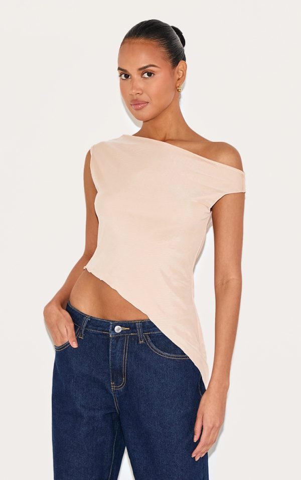 Almond Asymmetric Neck Mesh Top