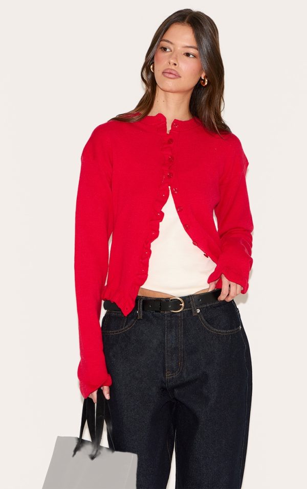 Red Knit Ruffle Detail Cardigan