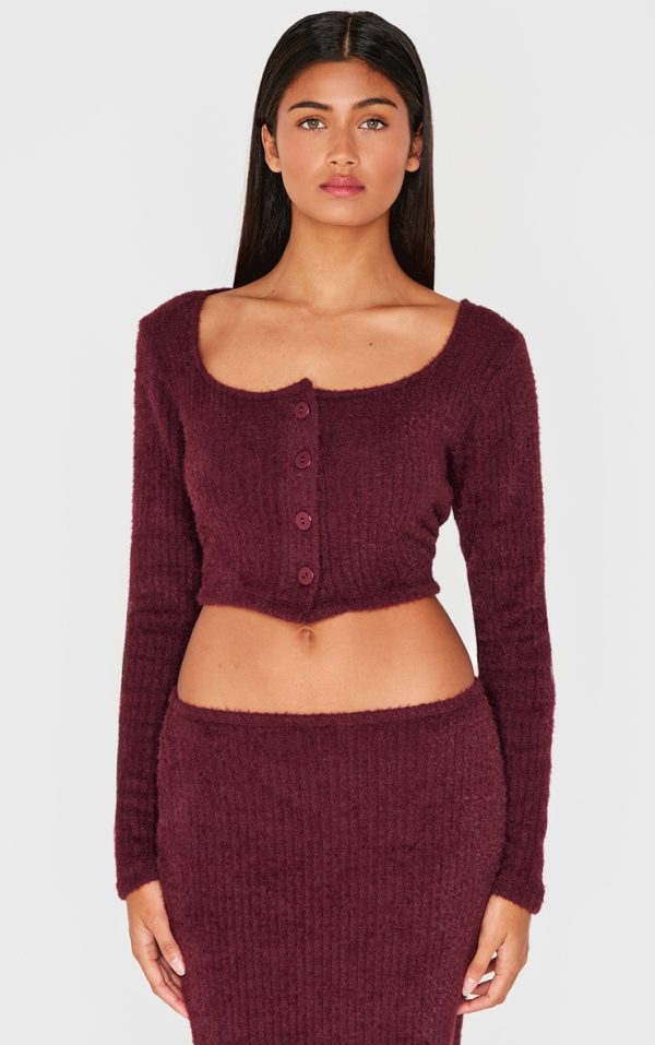 Burgundy Textured Soft Rib Square Neck Button Crop Top