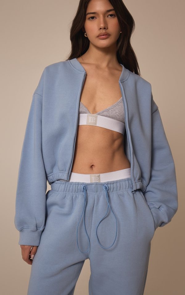 Baby Blue Drawcord Waist Cropped Zip Up Sweatshirt