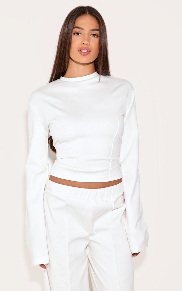 Cream Stretch Pin Tuck Fitted Long Sleeve Long Top