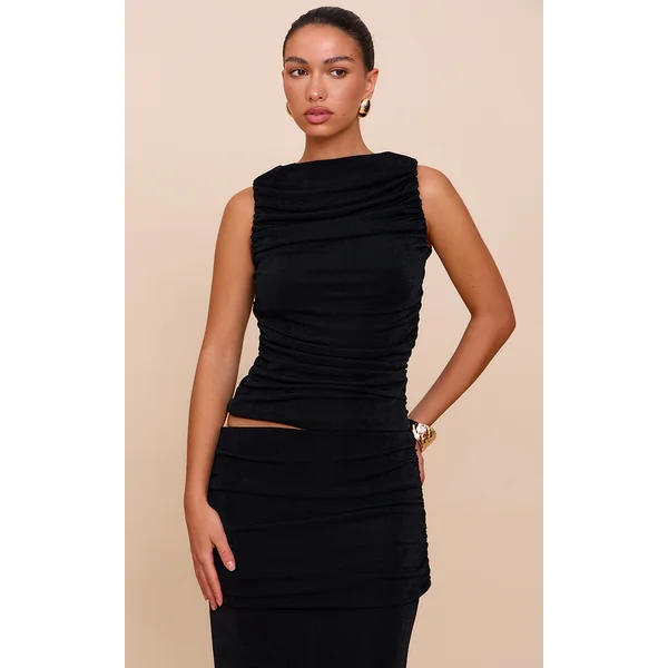 Black Acetate Slinky Ruched Long Top