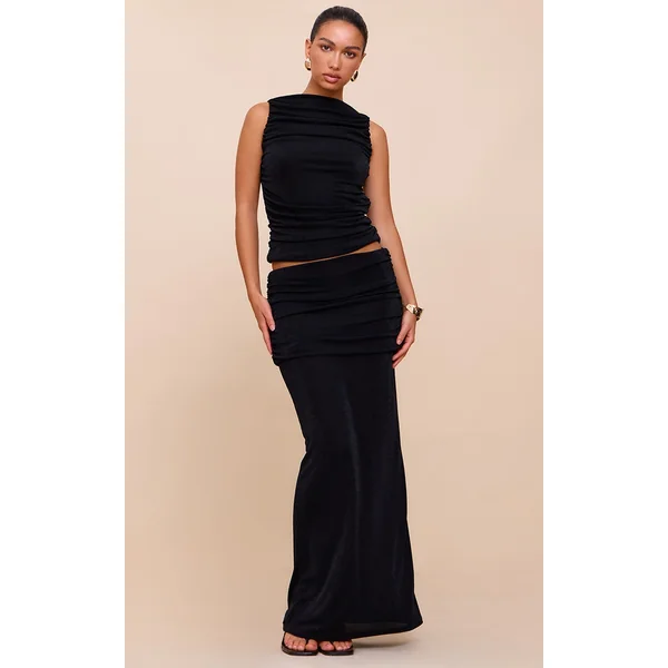 Black Acetate Slinky Ruched Low Rise Maxi Skirt