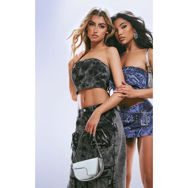 Black Acid Wash Bandeau Denim Top