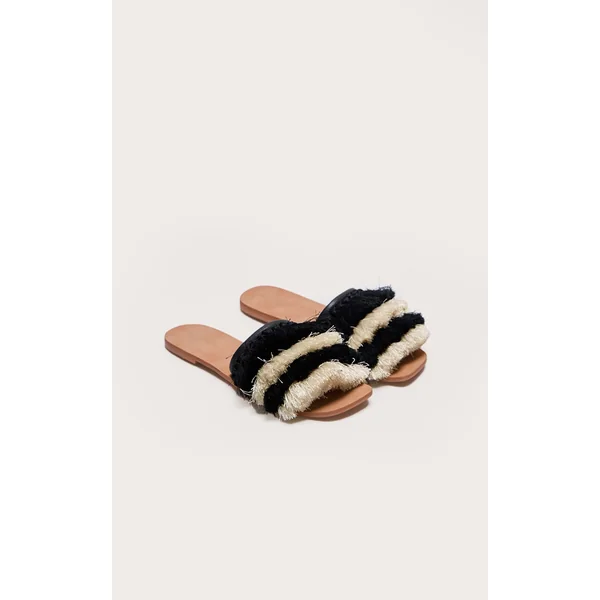 Black and Cream Square Toe Tassel Mule Sandals