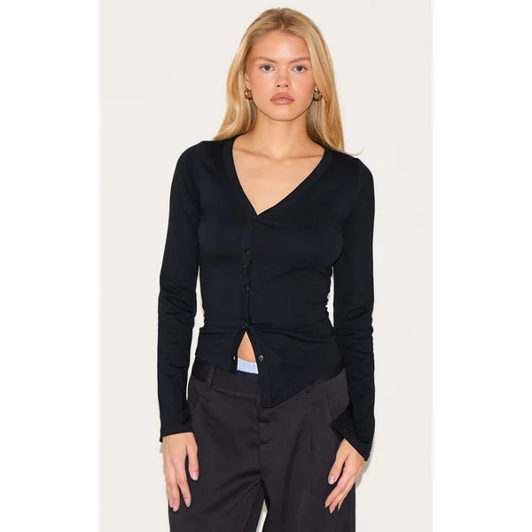 Black Asymmetric Button Down Detail Long Sleeve Top