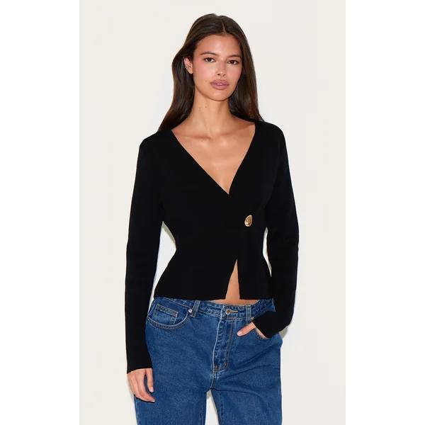 Black Asymmetric Compact Knit Cardigan