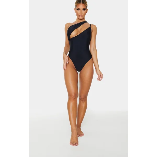 Black Asymmetric Double Strap Swimsuit