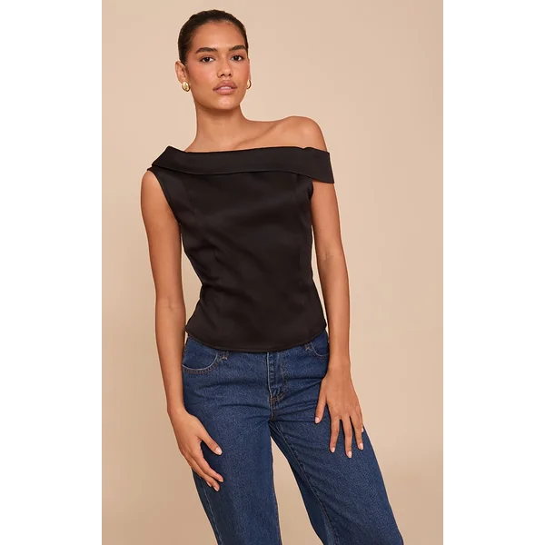 Black Asymmetric Fold Over Detail Top