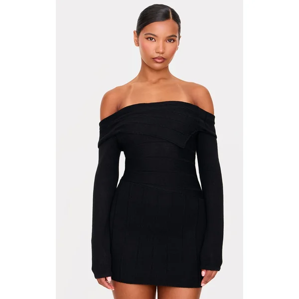 Black Asymmetric Knit Fold Over Mini Dress
