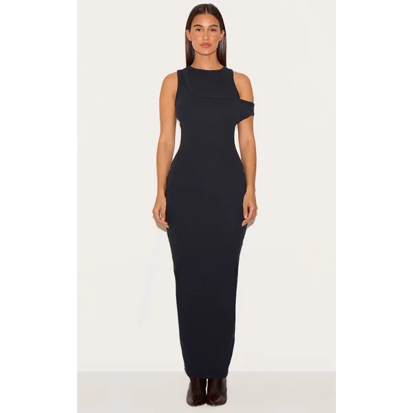 Black Asymmetric Ribbed Maxi Dress