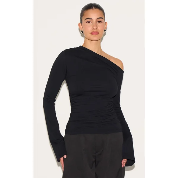 Black Asymmetric Ruched Flared Sleeve Long Top