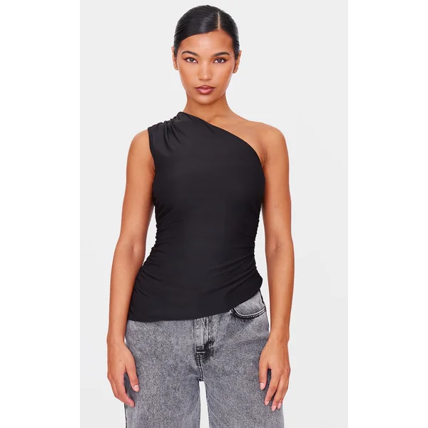 Black Asymmetric Ruched Side Longline Top