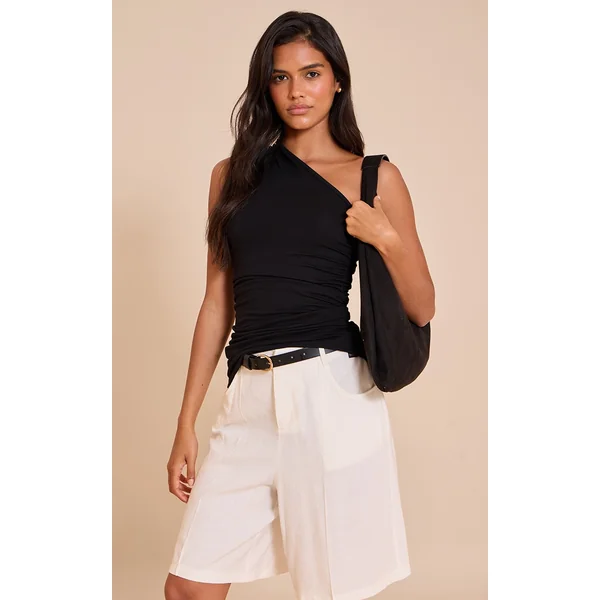 Black Asymmetric Ruched Sleeveless Long Top