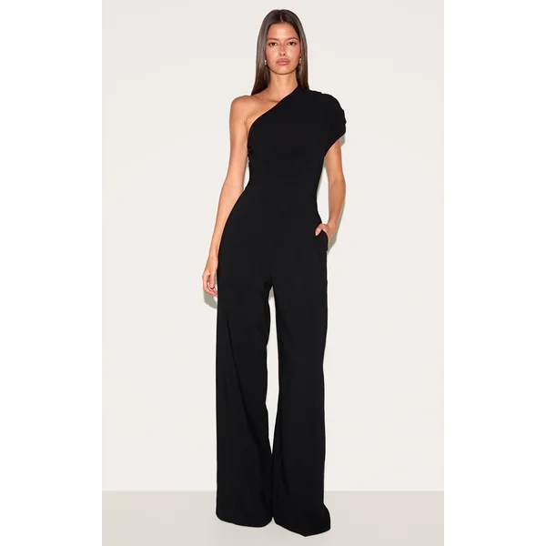 Black Asymmetric Ruched Wide Leg Jumpsuit