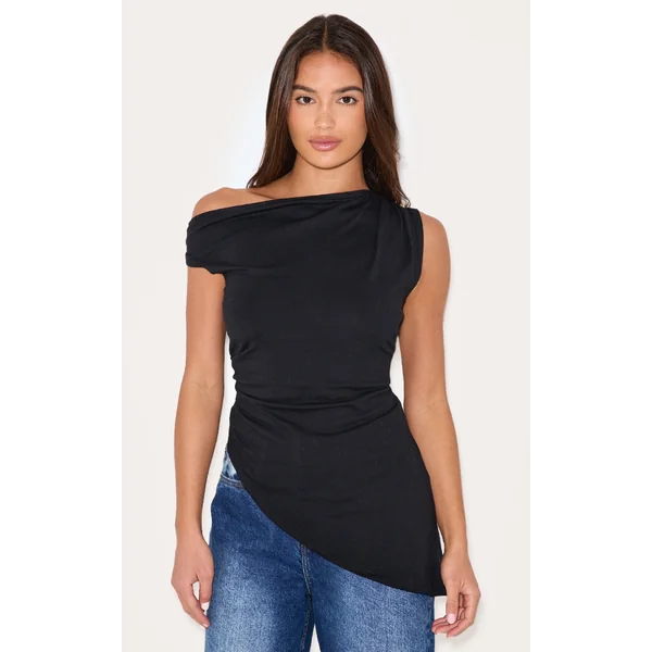 Black Asymmetric Shoulder Extreme Longline Top