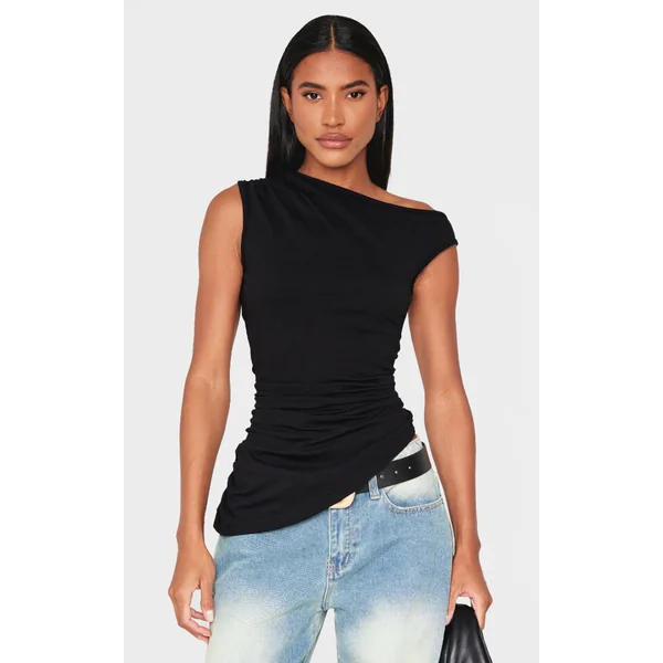 Black Asymmetric Shoulder Ruched Longline Top