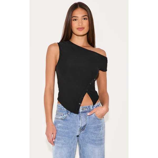 Black Asymmetric Soft Touch Button Detail Long Top