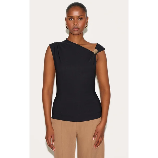 Black Asymmetric Trim Detail Long Top