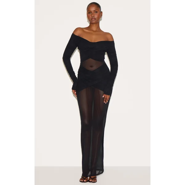 Black Bandage Mesh Bardot Layered Ruched Maxi Dress