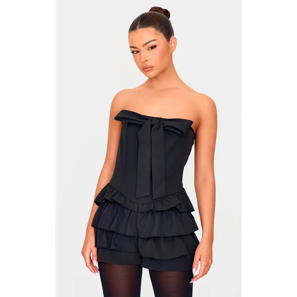 Black Bandeau Bow Detail Bloomer Skort Romper
