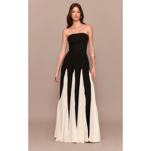 Black Bandeau Contrast Chiffon Pleated Maxi Dress