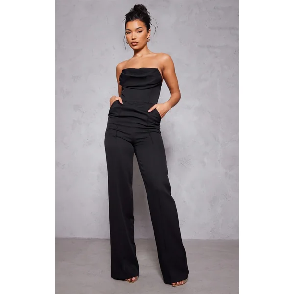 Black Bandeau Cowl Neck Pocket Detailed Jumpsuit