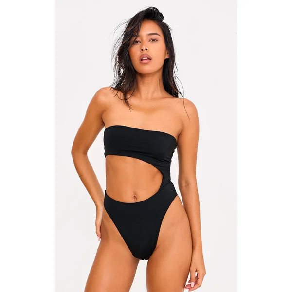 Black Bandeau Cut Out High Leg Swimsuit