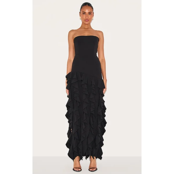 Black Bandeau Frill Detail Maxi Dress