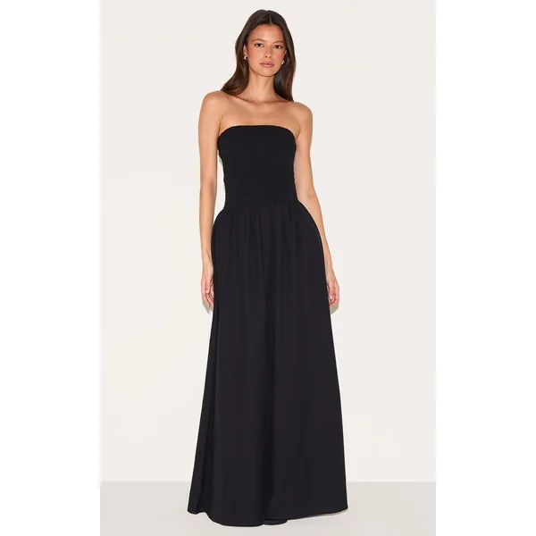 Black Bandeau Shirred Detail Maxi Dress