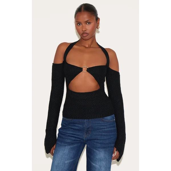 Black Bardot Halterneck Gold Trim Cross Stitch Knitted Top