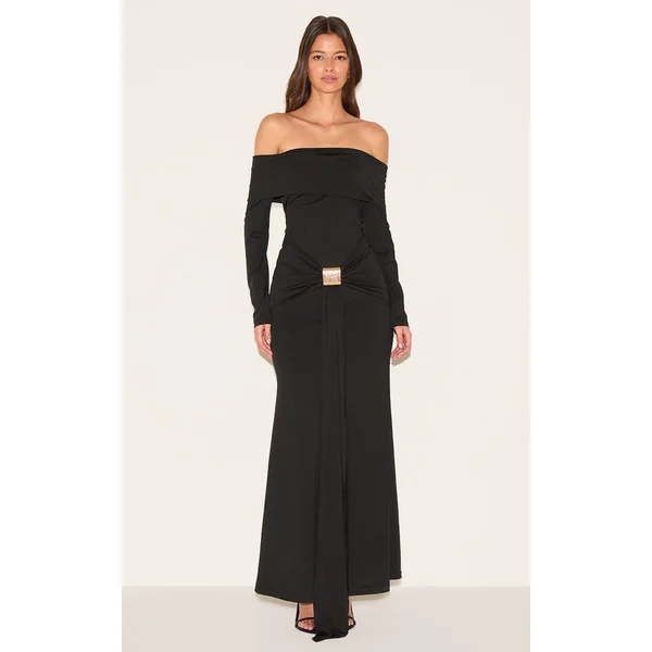 Black Bardot Long Sleeve Trim Drape Detail Maxi Dress