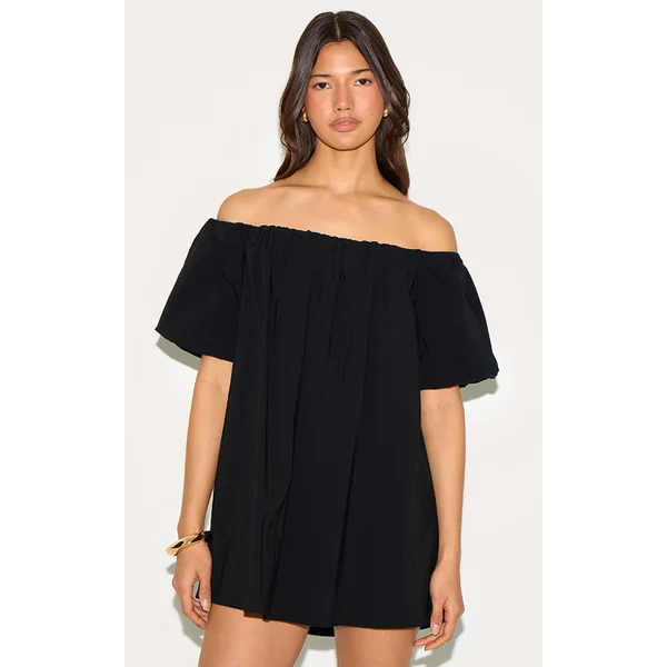 Black Bardot Puff Sleeve Shift Dress
