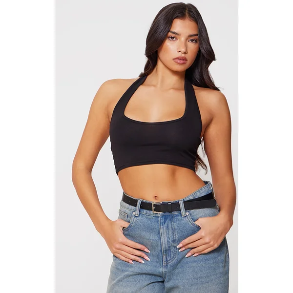 Black Basic Cotton Blend Halterneck Crop Top