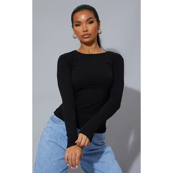 Black Basic Cotton Blend Long Sleeve Fitted T Shirt