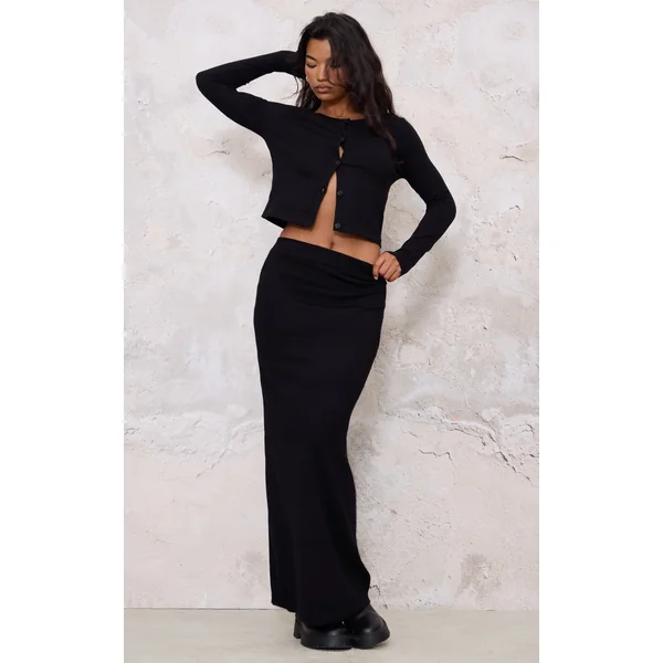 Black Basic Fine Knit Maxi Skirt