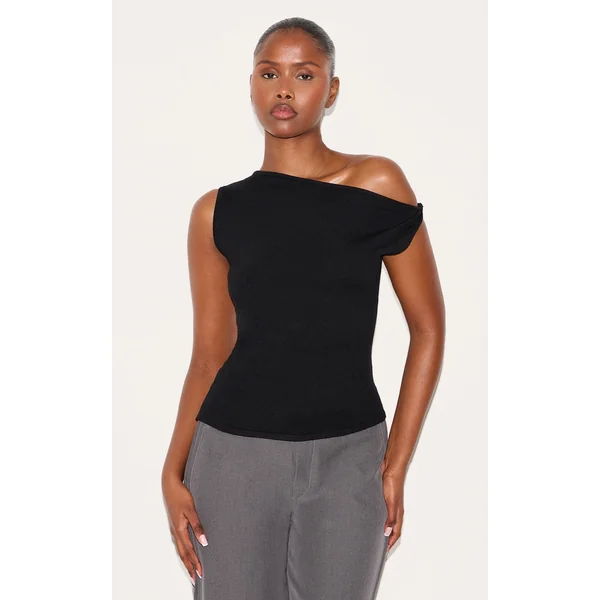 Black Basic Knit Asymmetric Hem Twist Sleeve Vest Top