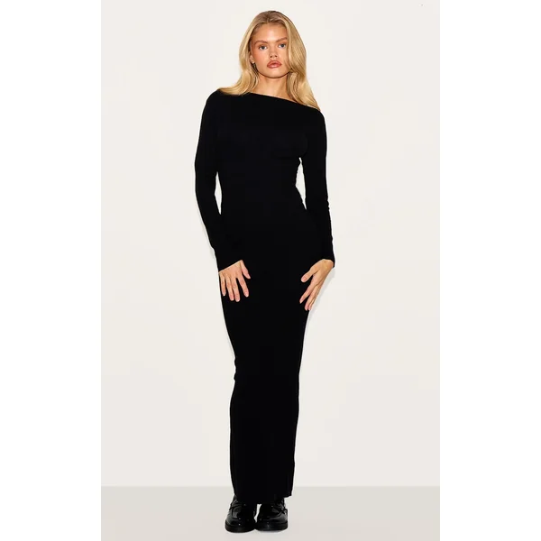 Black Basic Knit Asymmetric Neckline Long Sleeve Maxi Dress