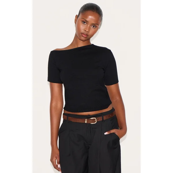 Black Basic Knit Asymmetric Neckline Top
